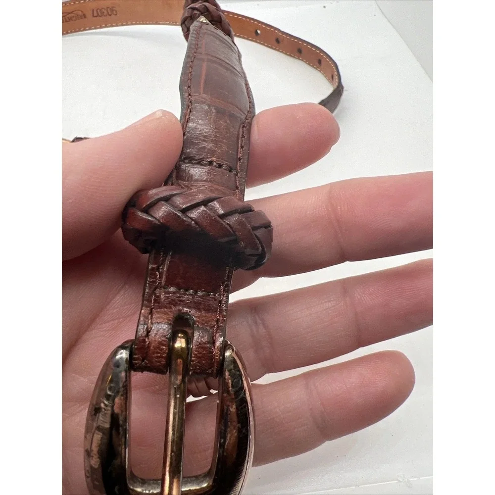 Brighton Women's Brown Leather Belt Embossed Silver Tone‎ Braided Accent